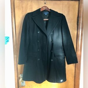 Vintage J. Crew Double Breast Pea Coat Black Wool Blend Pockets Collared Size S
